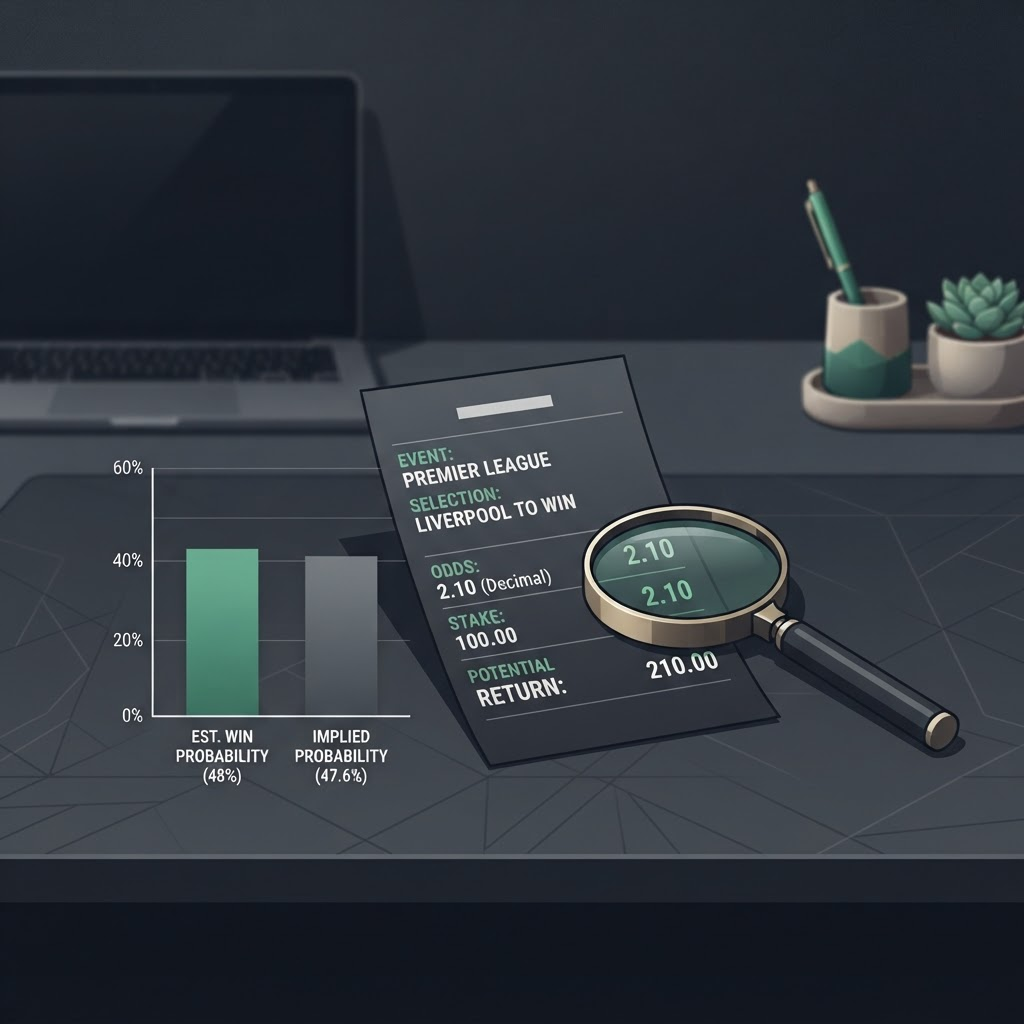 A betting slip beside a probability bar chart and a magnifying glass
